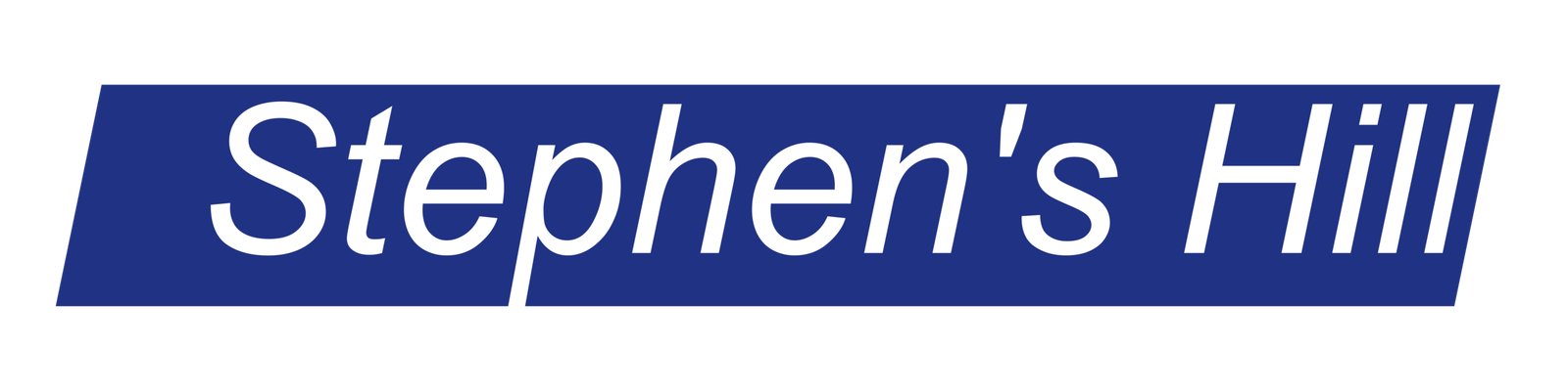 Stephen's Hill logo with white text in italics with a background of a dark blue paralellagram
